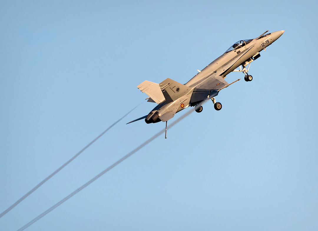 Spanish McDonnell Douglas F18 Hornet in flight..