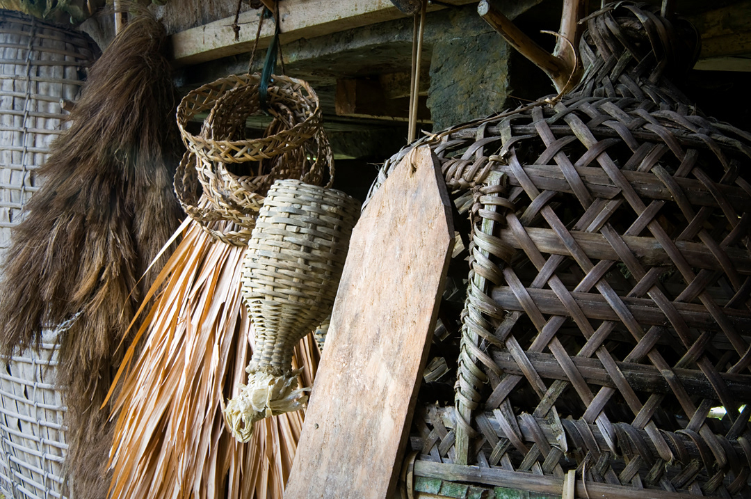 Basketwork in a traditional Ifugao house near Banaue. 