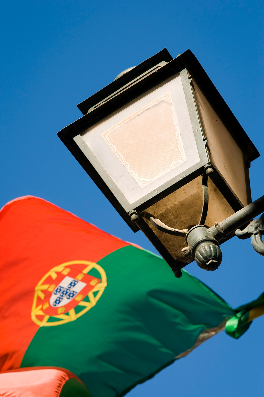 Portuguese flag in the streets of the Barrio Alto in Lisbon. 