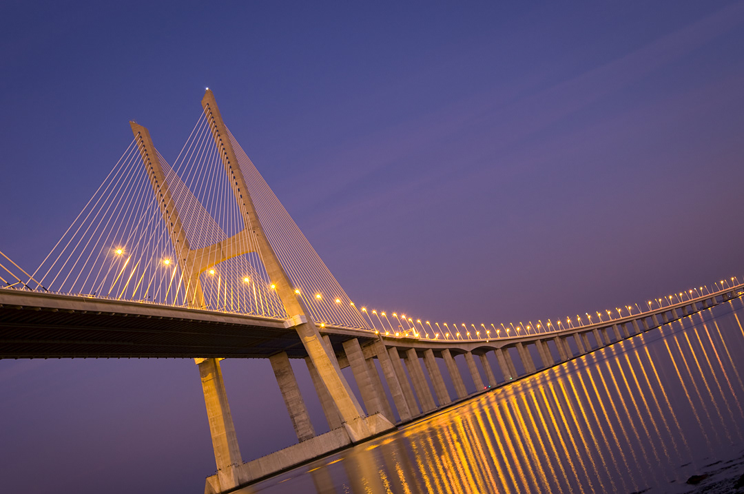 Ponte Vasco da Gama in Lisbon at dusk. 