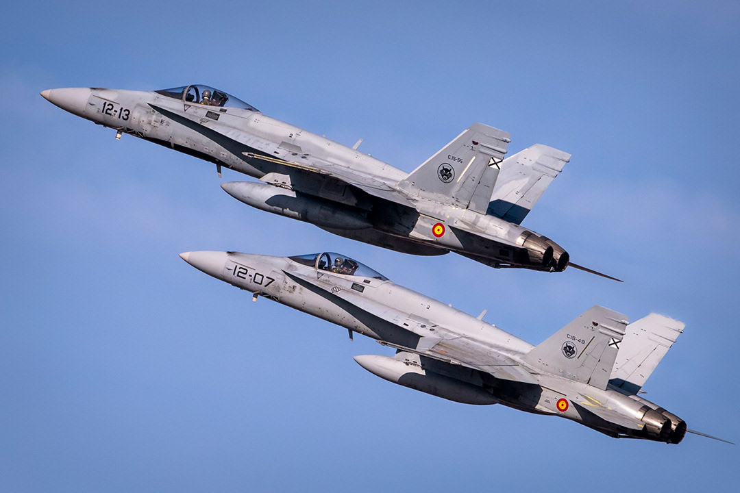 Two spanish McDonnell Douglas F18 Hornet in flight..