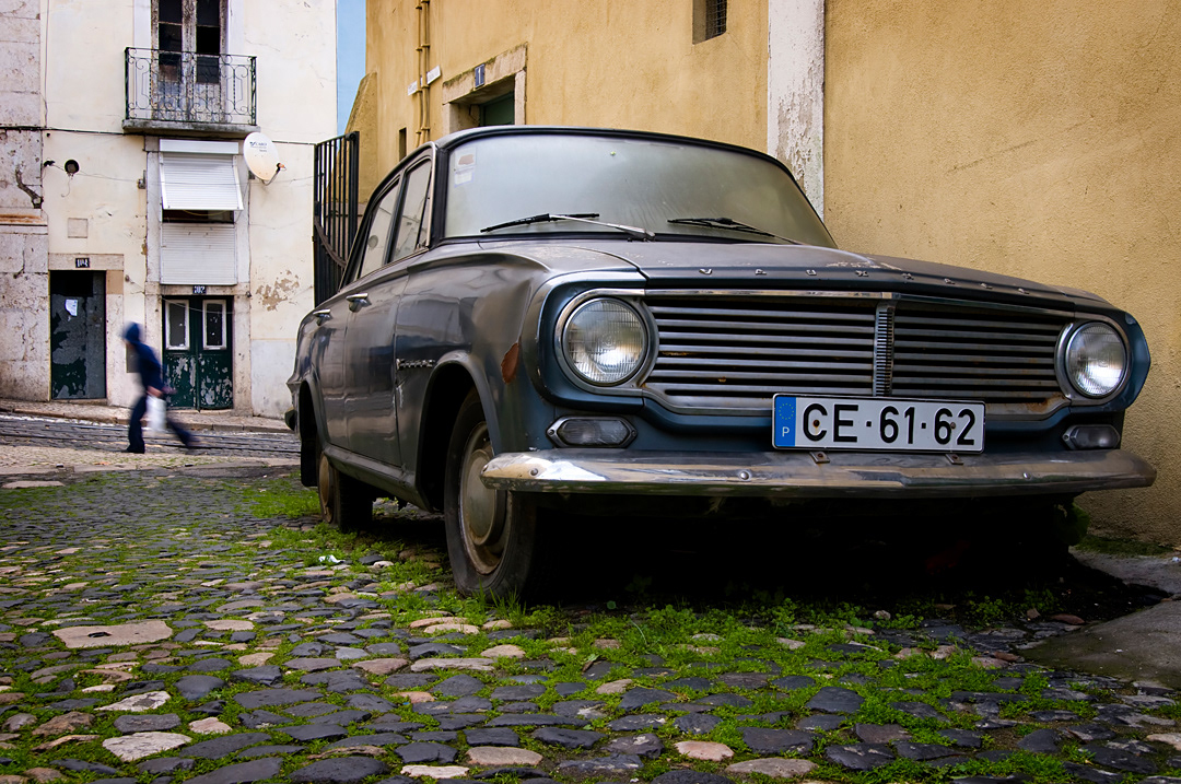 Old car in the streets of the Alfama district of Lisbon. 