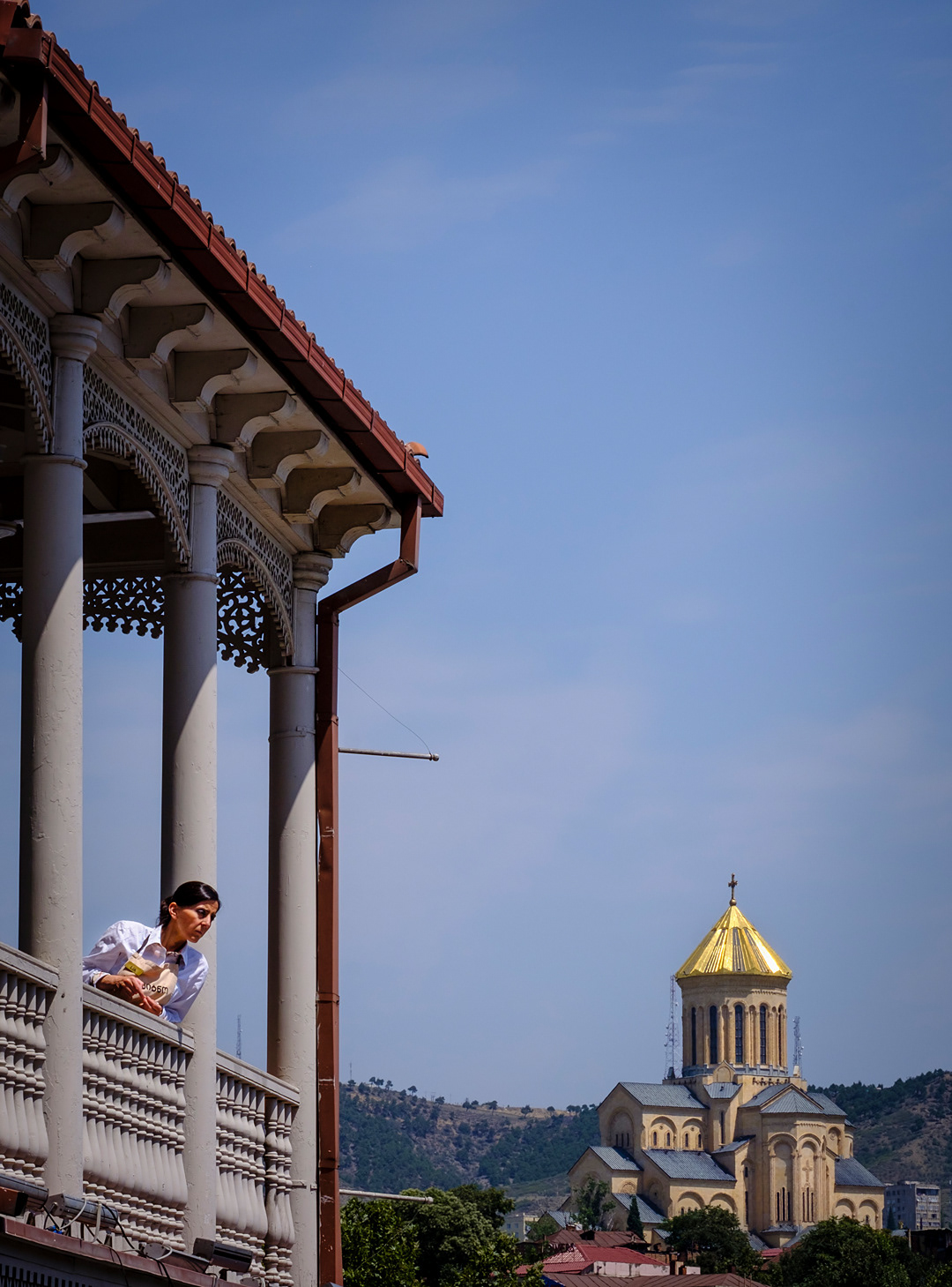 Tsminda Sameba Church (The Holy Trinity Cathedral of Tbilisi) from Tbilisi old town streets. 