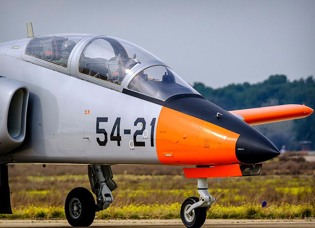 A CASA C-101 "Mirlo" two-seater from the Spanish Air Force's Armament and Experimentation Logistics Center taxiing towards the runway.