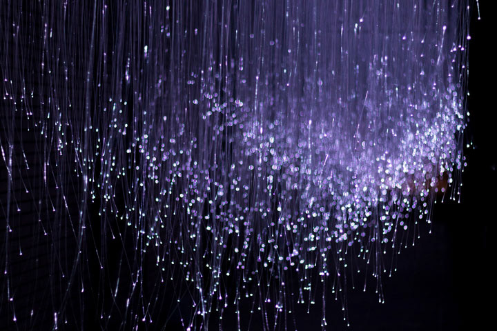 Close up of the fiber optics used in the light installation, emphasizing the lights forming a V-shape.