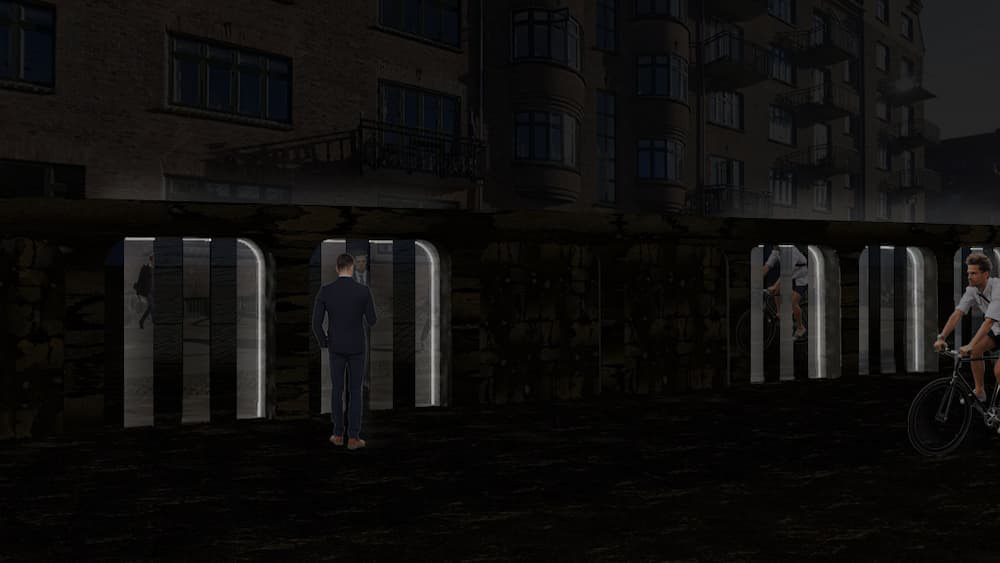 Side A of the wall is lit up but the perspective is from Side B shows transparency of the 2 way mirror and reveals the regular mirror sections of the wall.