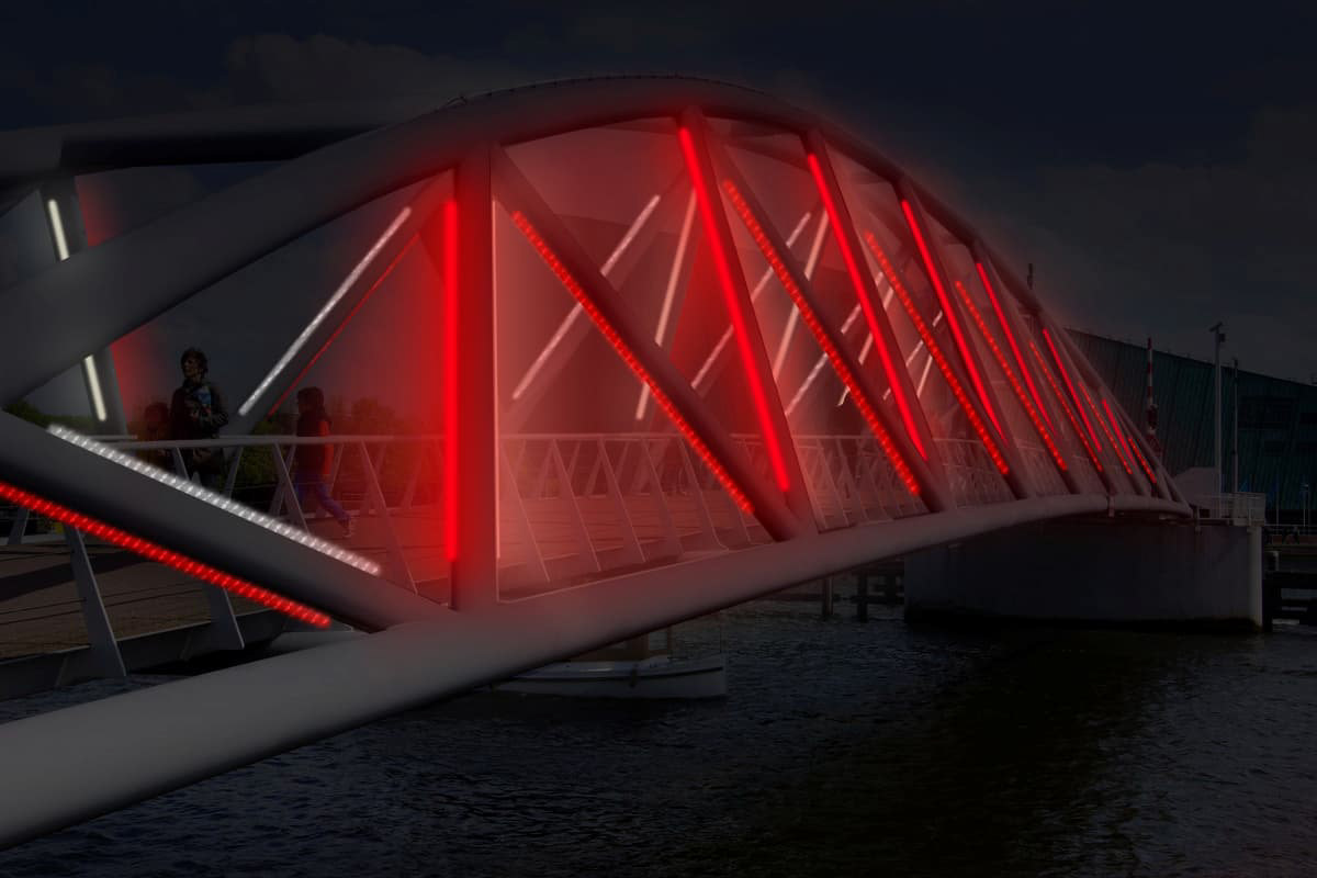 Outside perspective view of the bridge light installation, showing the alternating red and white lights and reflectors.