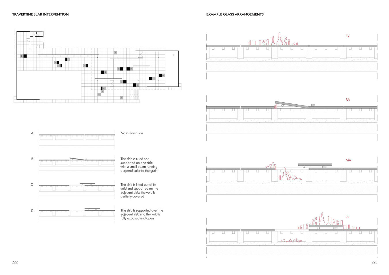 Detailed plan of the travertine slab interventions with the glass arrangements.