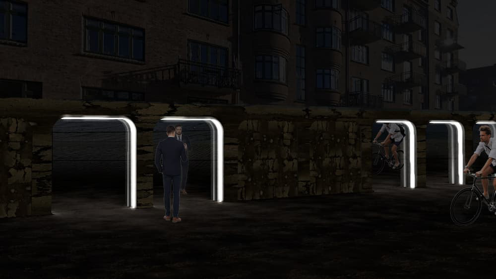 Side B of the wall lights up triggering a full reflection of the 2-way mirror.