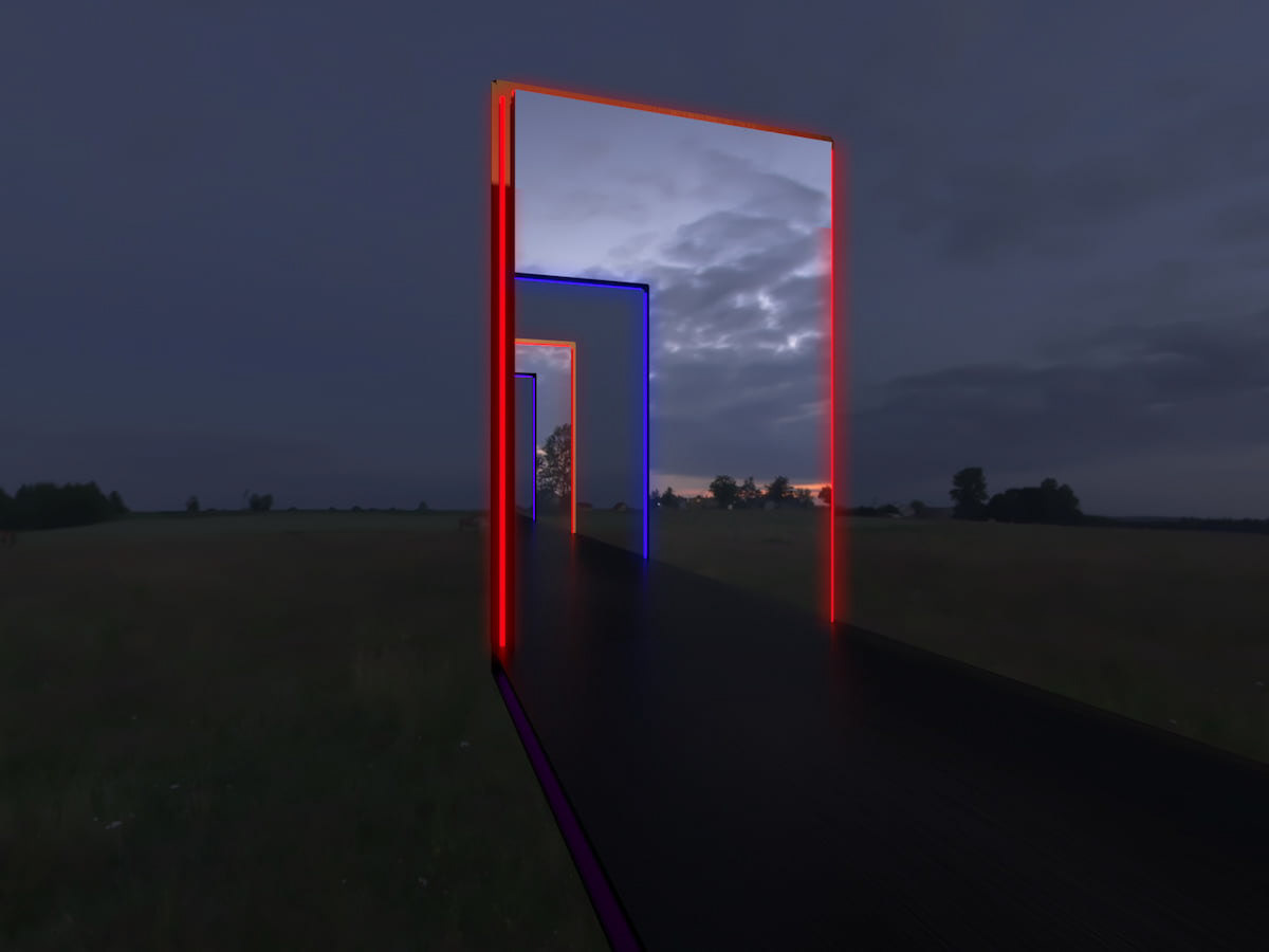 An immersive view of the light installation, showing the infinite reflections of the portals.