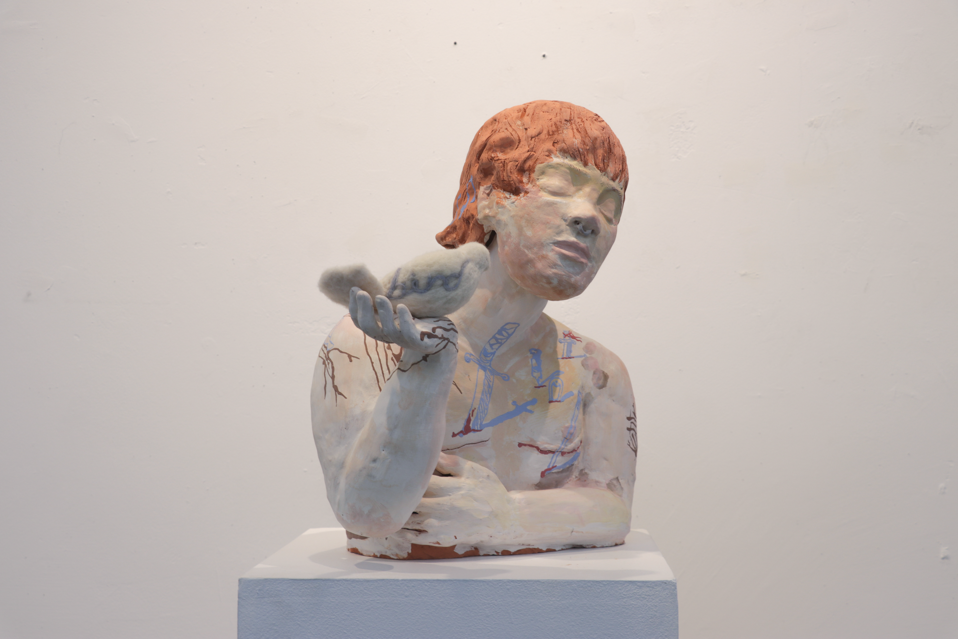 i hear song beneath cupboards and cabinets ceramic, underglaze, felt