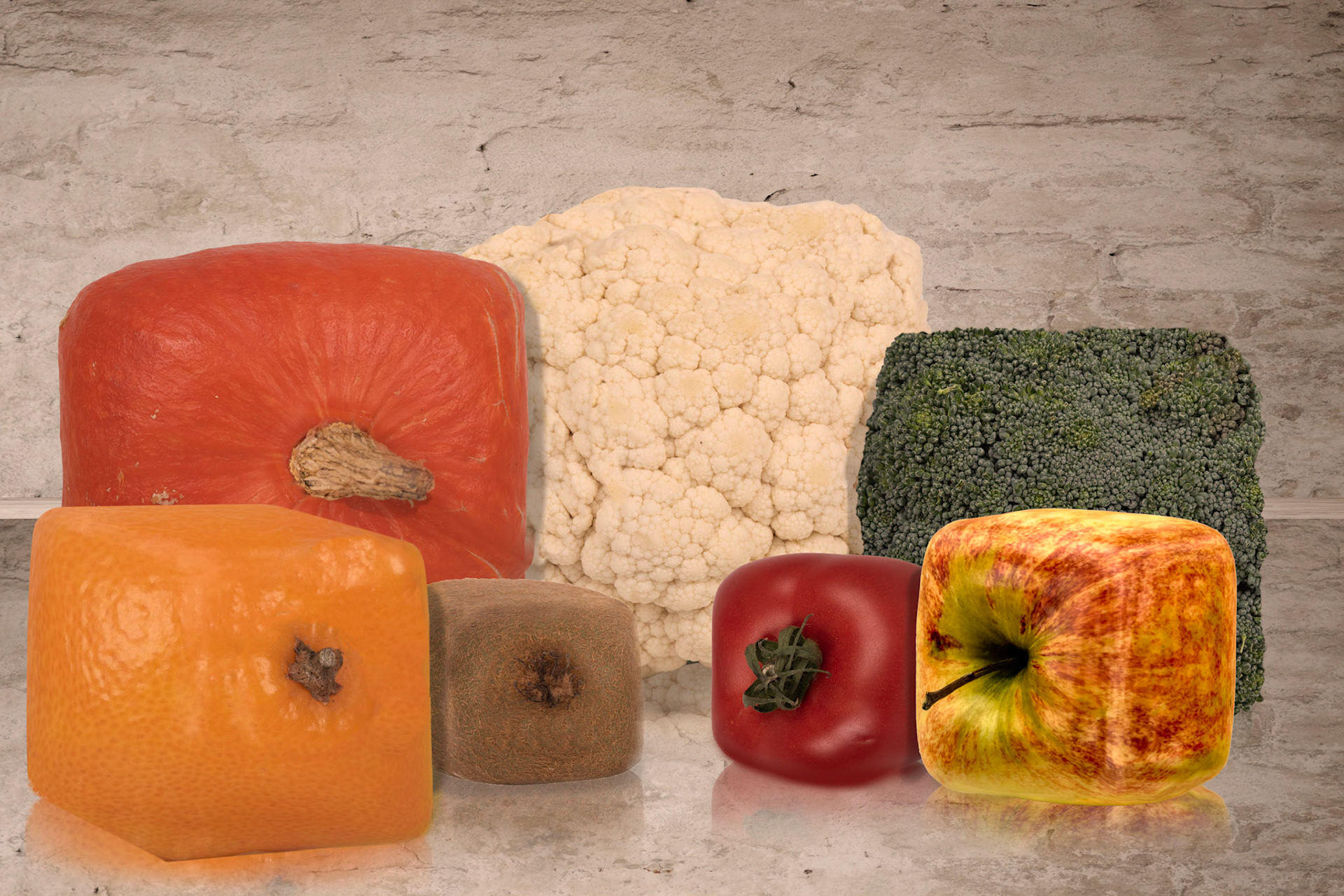 composite of square fruits and vegetables on a  shiny marble surface pumpkin broccoli orange kiwi tomato apple Cauliflower
