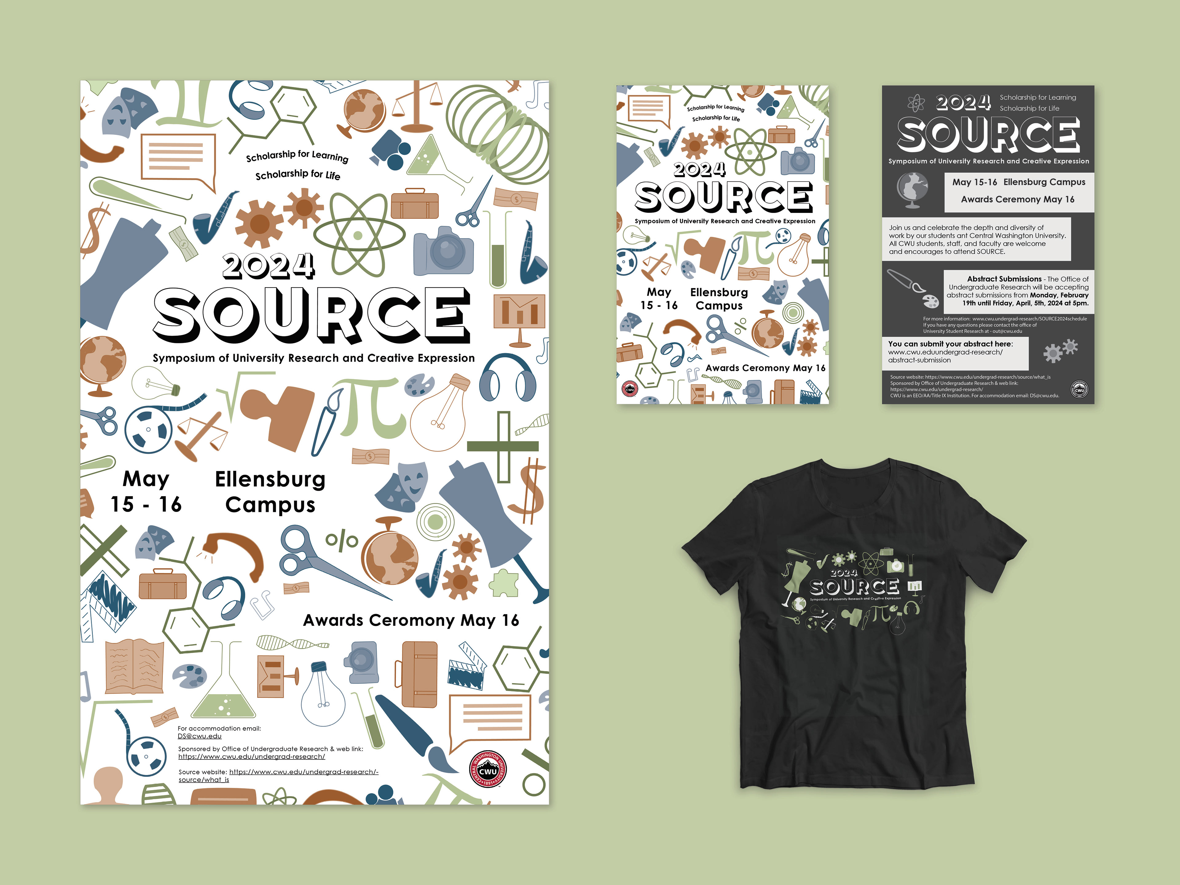 Poster and additional items for campus event, design was voted on by SOURCE and got into top five - ART 371