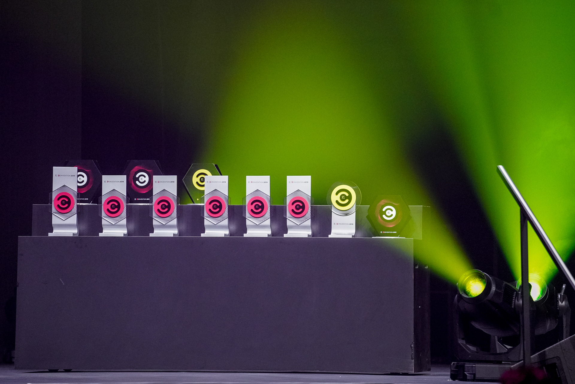 Trophies displayed on stage