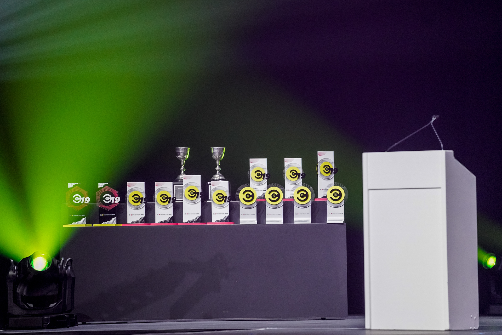 Trophies displayed on stage