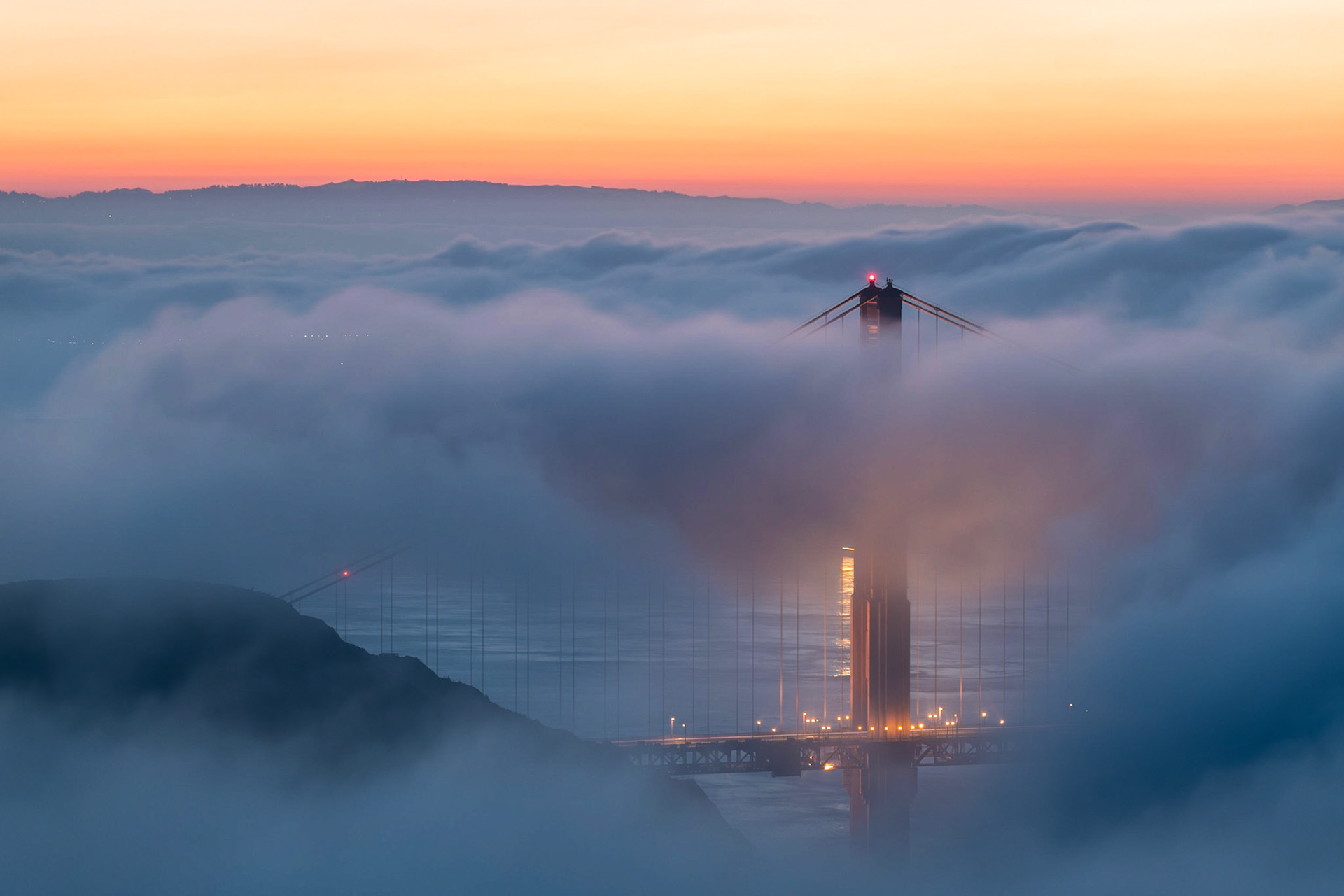 Golden Gate Bridge in the fog, San Francisco, California