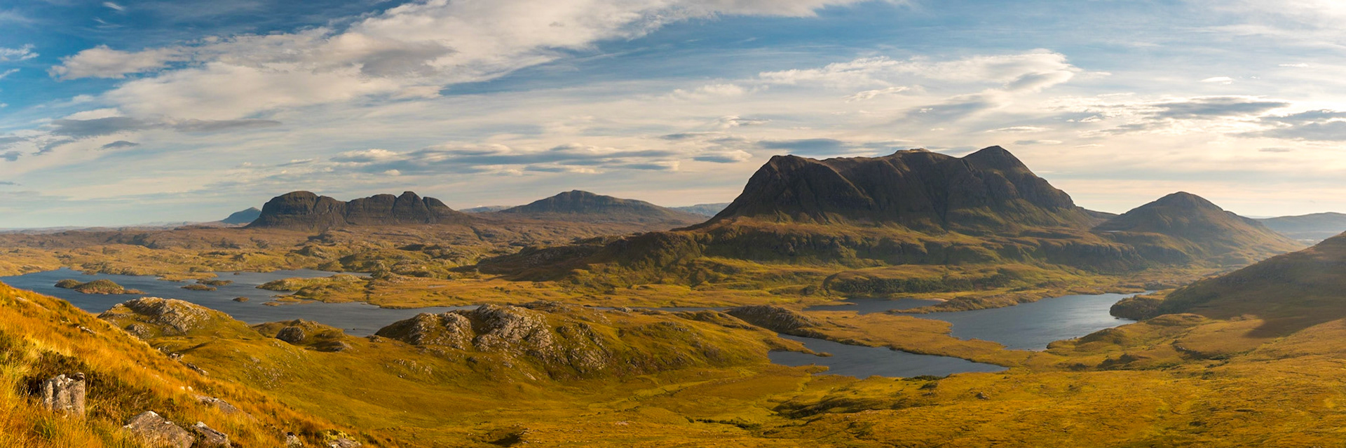 Loch Scionascaig from Stac Pollaidh, Scottish Highlands, panorama