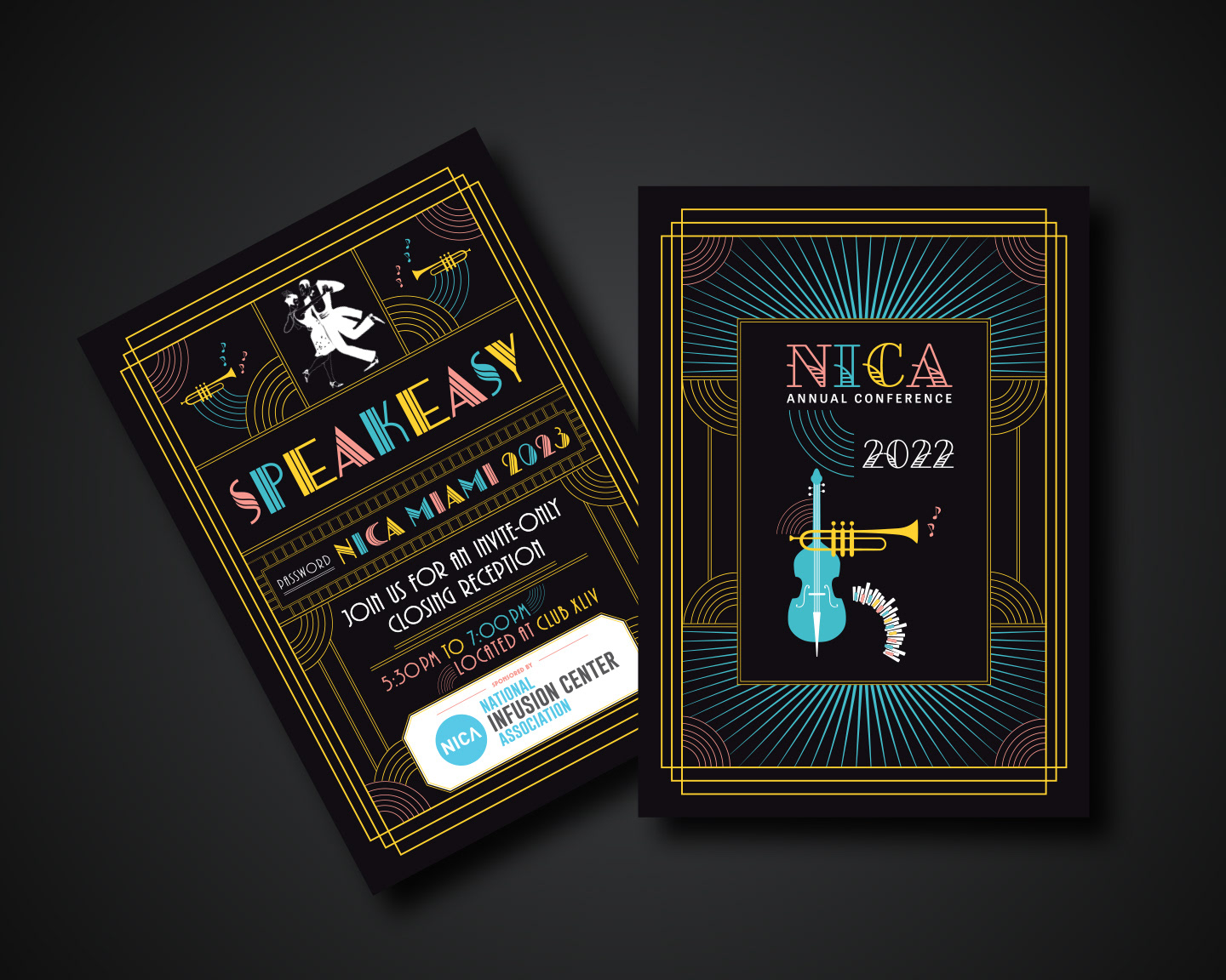 Speakeasy-themed invitation designed for the NICA 2022 sponsored evening event in New Orleans.