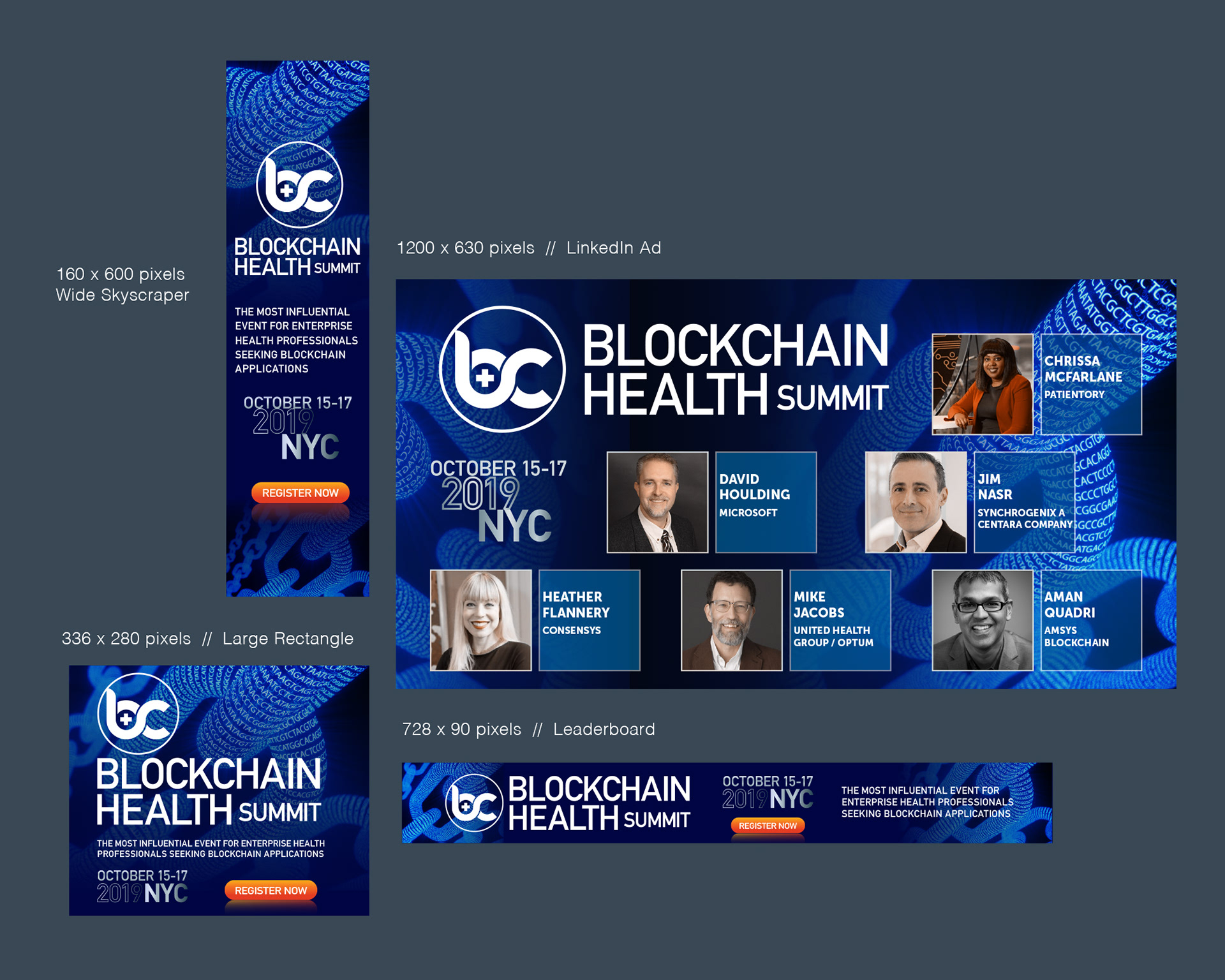 Branded social media graphics promoting the Blockchain Healthcare Summit, designed with bold typography, DNA chain imagery, and a tech-inspired color palette to drive awareness and registration.