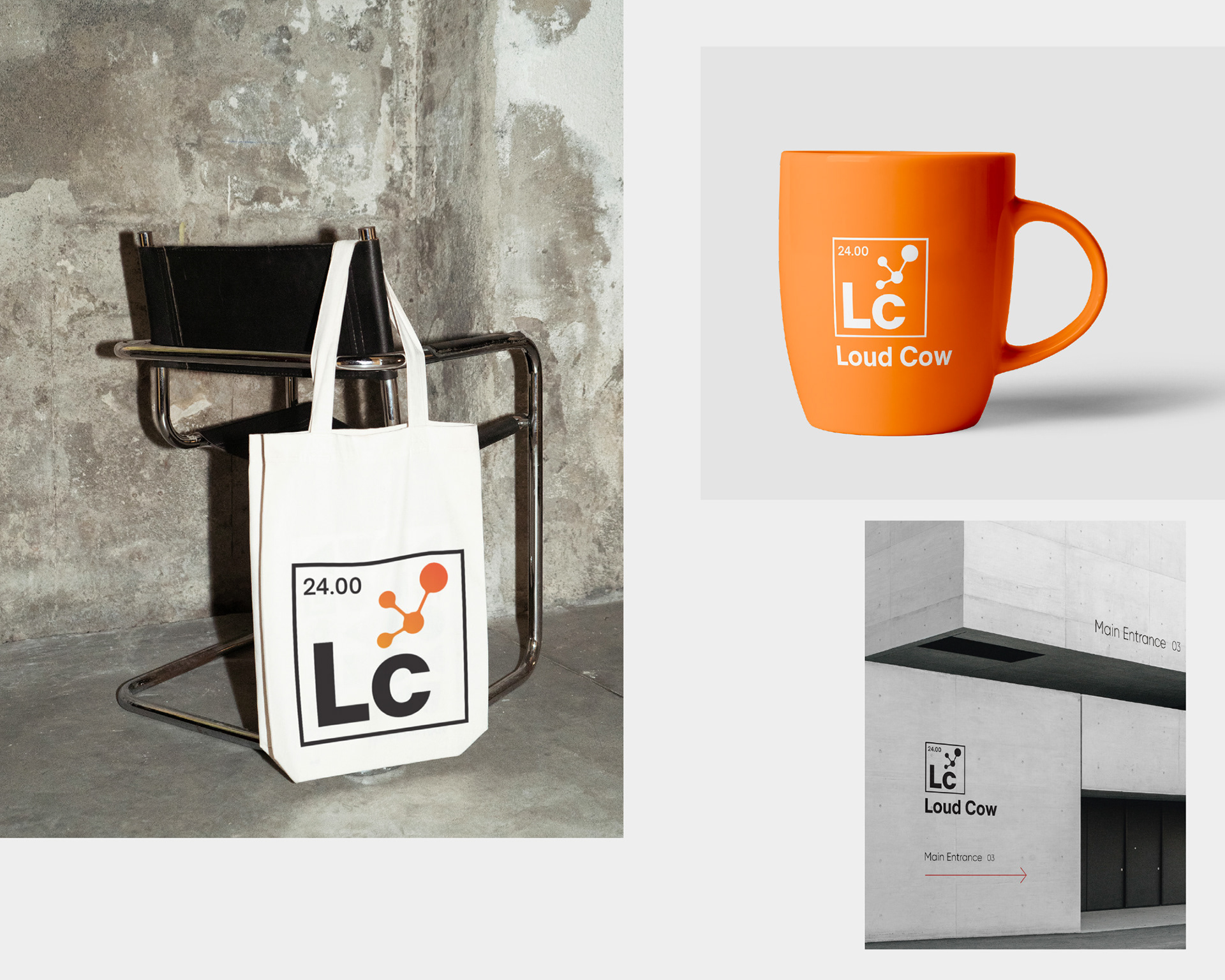 Branded merchandise showcasing clean, bold design