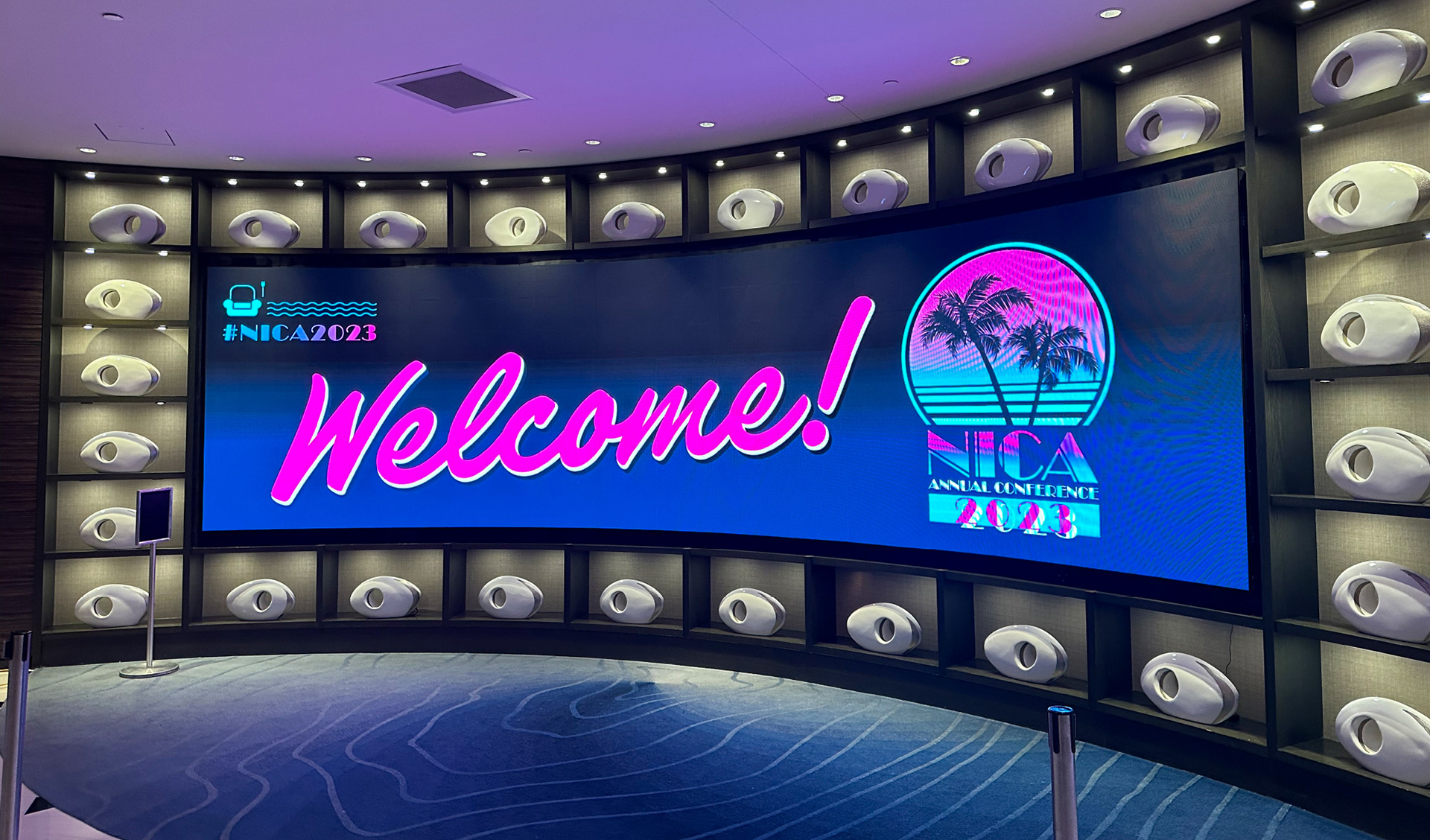 Digital LED Eggwall signage for NICA2023, Miami vibe, hot pink