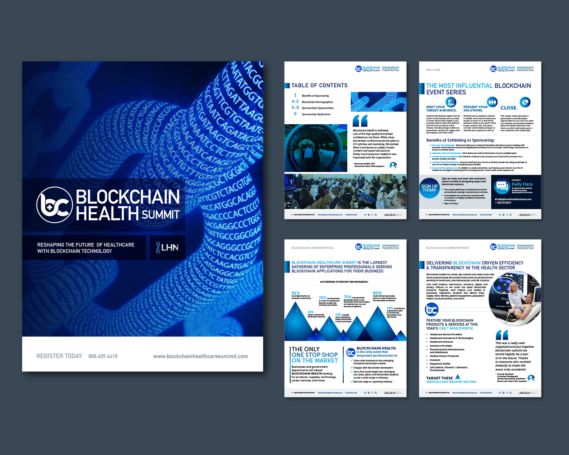 Conference collateral including badge and printed materials designed with blue and silver palette, modern typography, and DNA-inspired graphics.