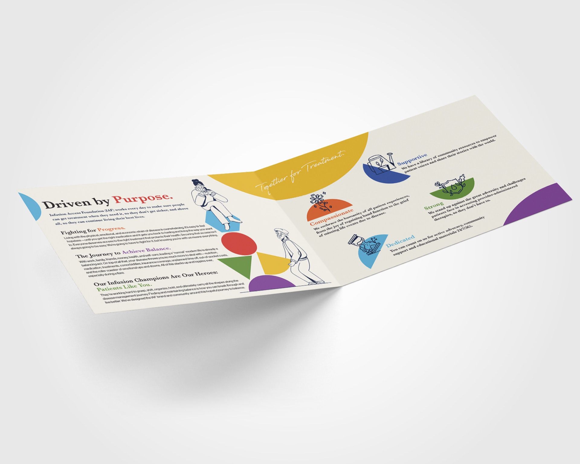 Open Infusion Access Foundation brochure with a cream interior, colorful geometric shapes, and patient illustrations introducing its mission and community support.