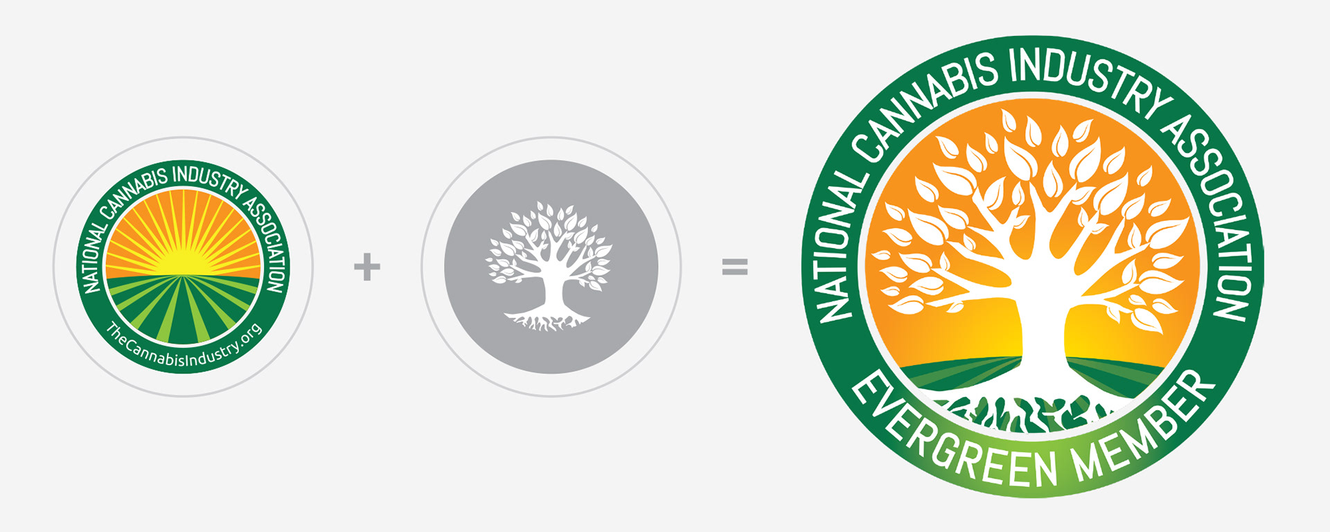 NCIA Evergreen membership badge showing how the association’s circular logo combines with a mature tree symbol to form the green and orange tier identity.