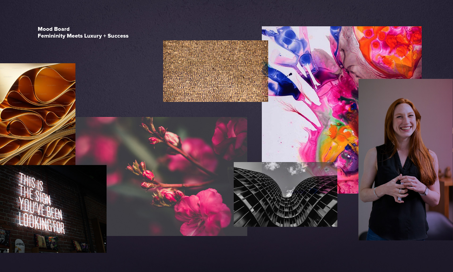 Visual mood board for She Leads LIVE 2022 showing color inspiration, typography, and image style for the event branding