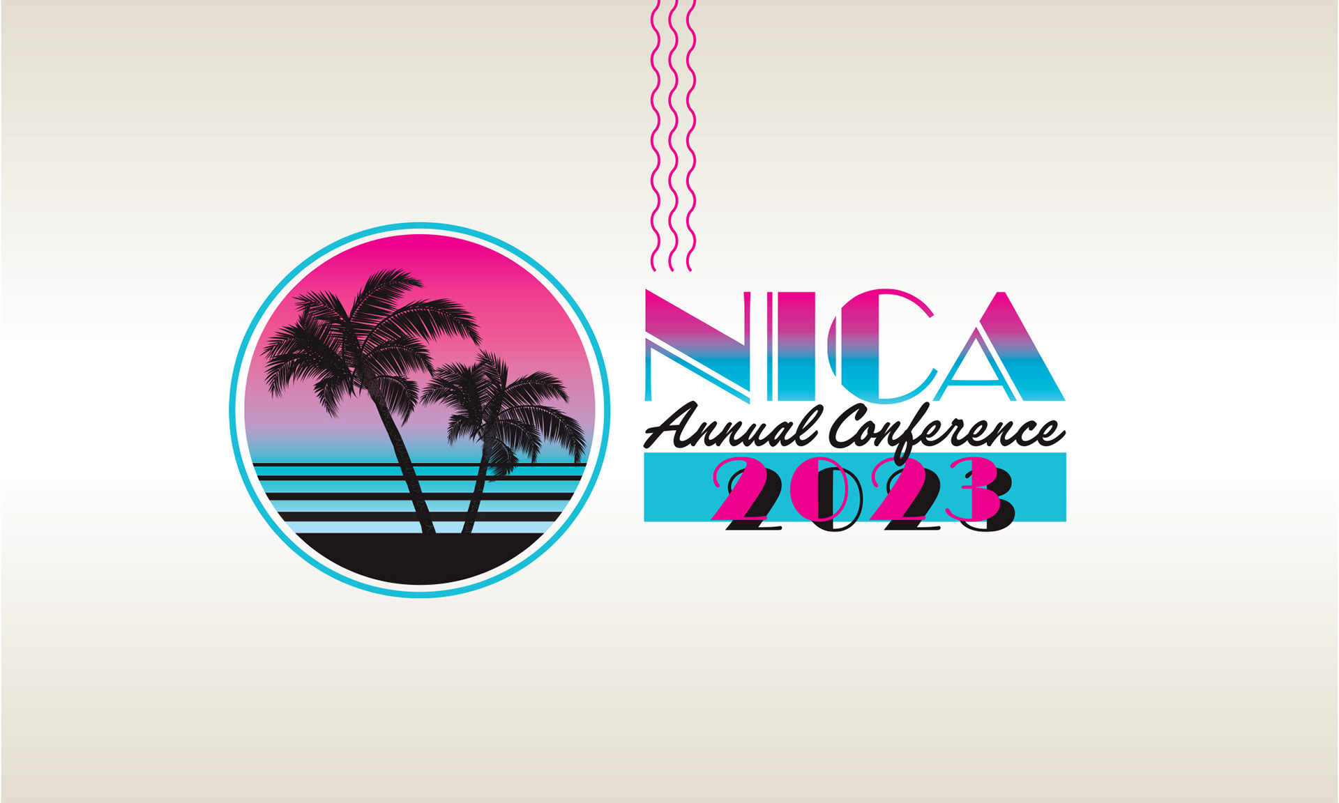 NICA 2023 Annual Conference logo featuring palm tree silhouettes, aqua and magenta gradients, and retro typography on a cream background.