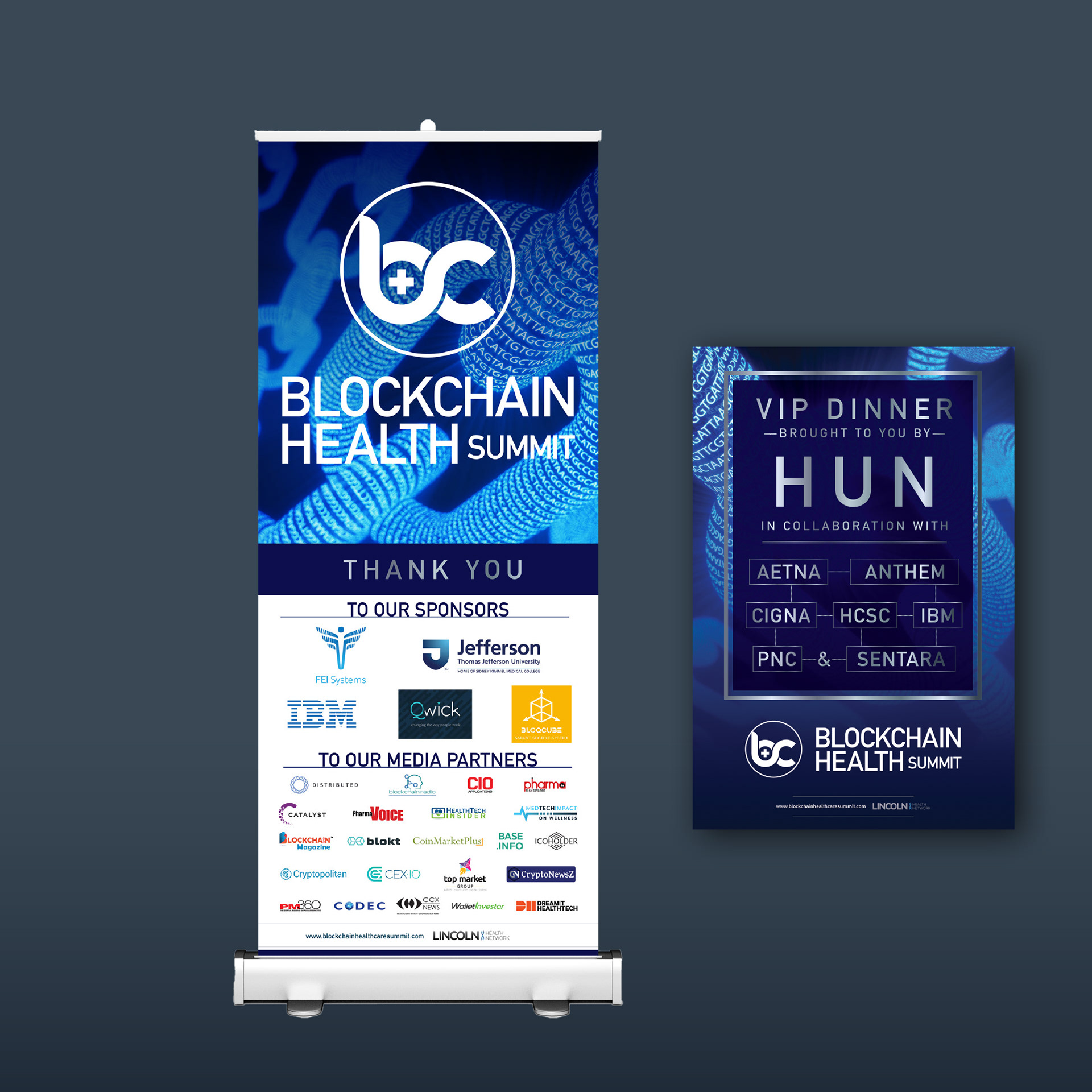 Event signage for the Blockchain Healthcare Summit featuring sponsor logos beneath the DNA-chain themed brand design.