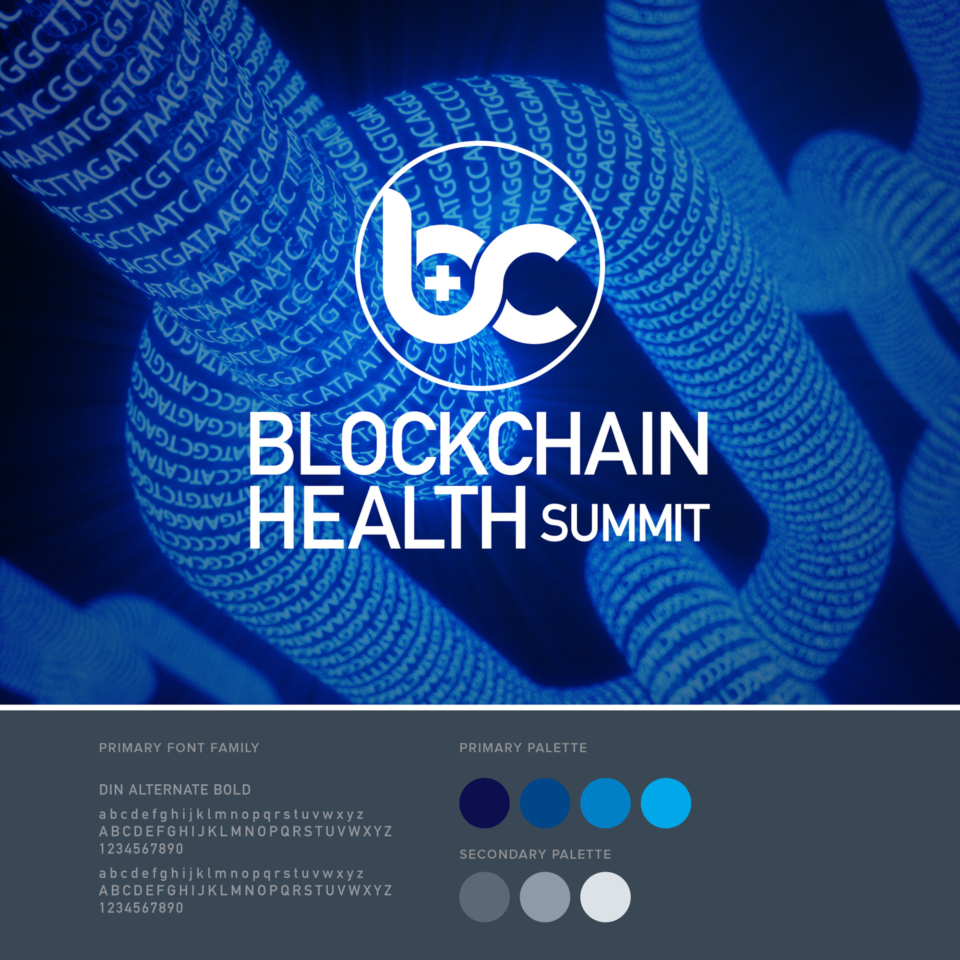 Blockchain Healthcare Summit logo featuring interlocking chain links embedded with ATCG DNA base pairs, symbolizing secure data in healthcare.