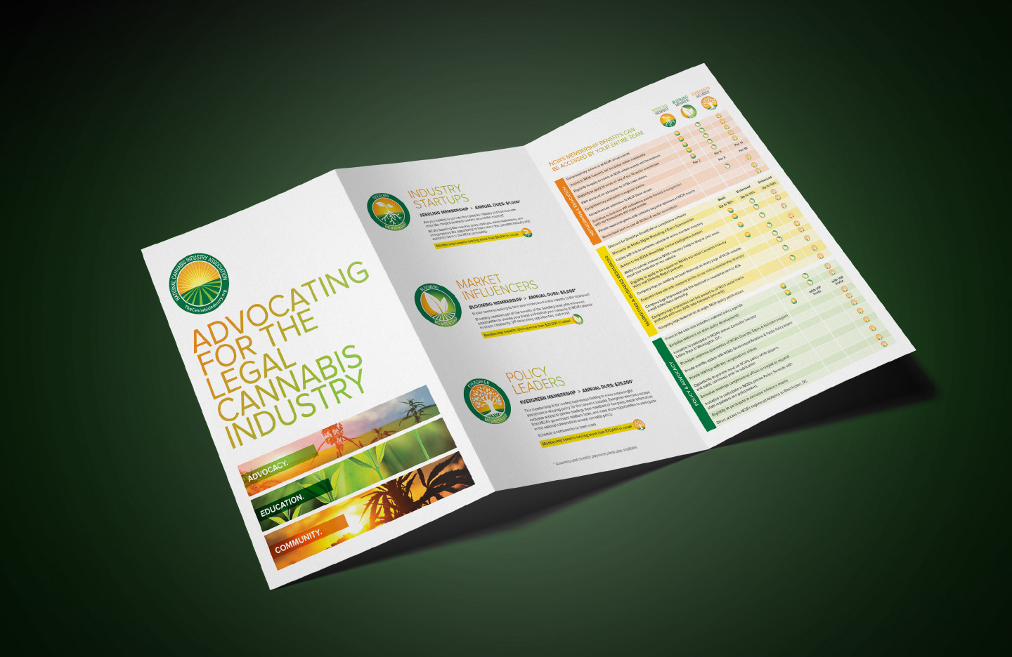 Unfolded NCIA membership brochure showing the cover, Seedling, Blooming, and Evergreen membership badges, tier descriptions, and a color-coded benefits comparison chart.