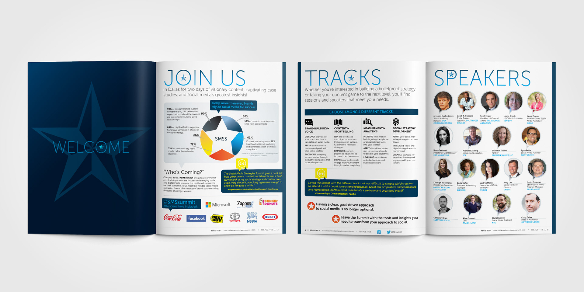 Social Media Strategies Summit printed brochure with bold branding and icon globe on cover.