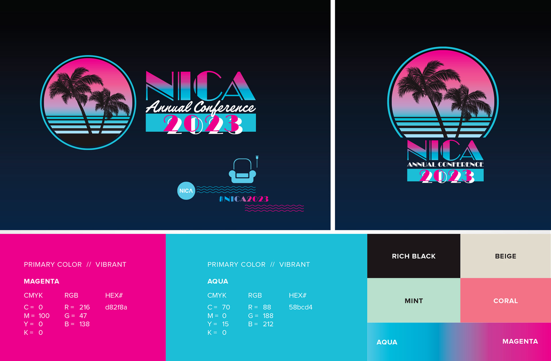 NICA 2023 horizontal and stacked conference logos with supporting graphics and a color palette of magenta, aqua, rich black, beige, mint, and coral.