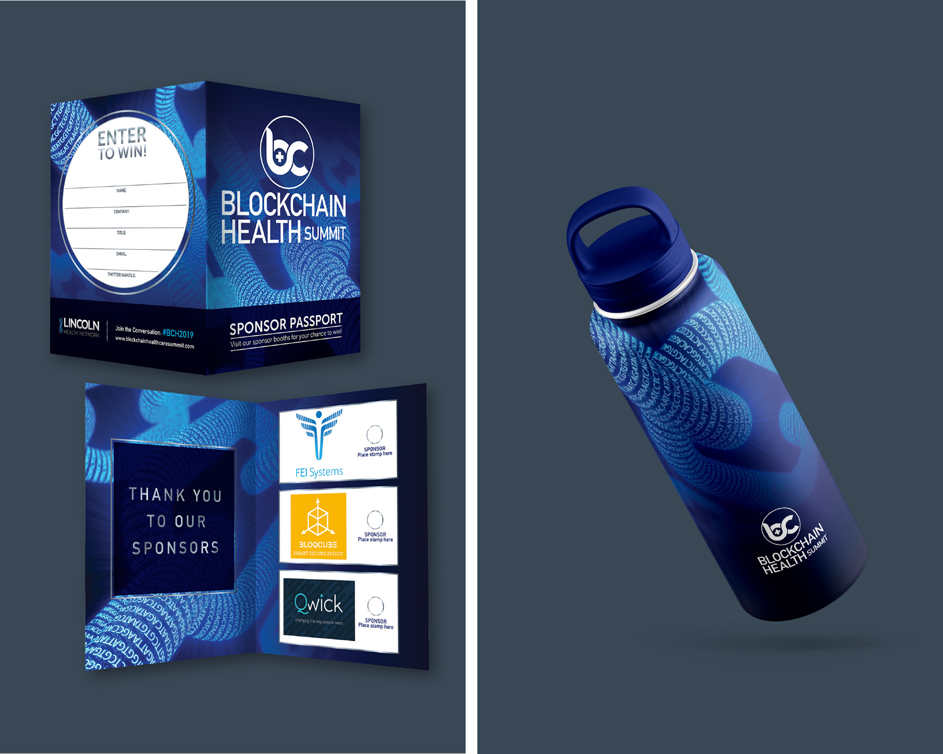 Custom-designed sponsor passport and branded water bottle for the Blockchain Healthcare Summit, featuring the event’s blue and silver palette and DNA-themed graphic elements to reinforce brand consistency and elevate the attendee experience.