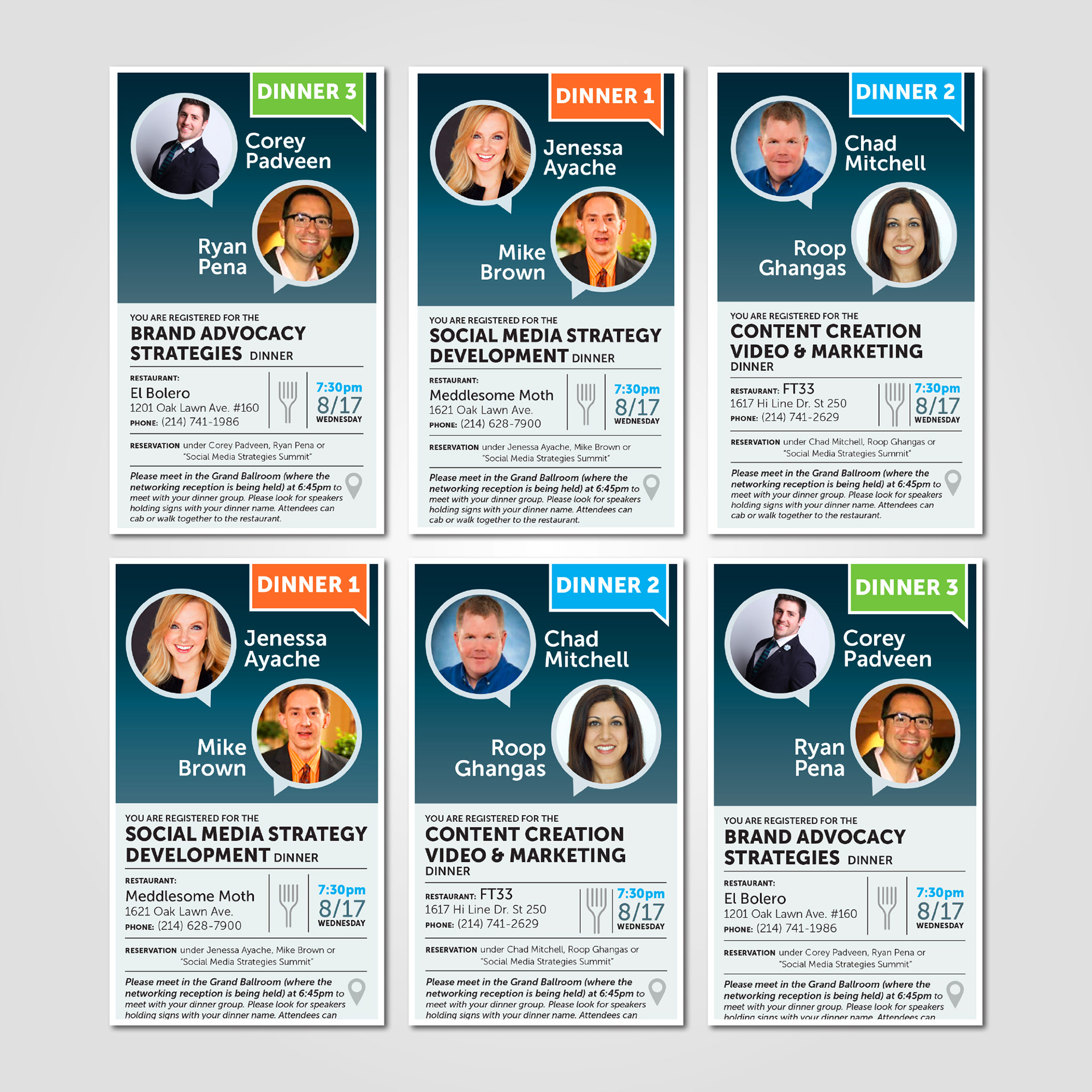 Colorful dinner cards with SMSS speech bubble graphics, listing themed networking dinners.