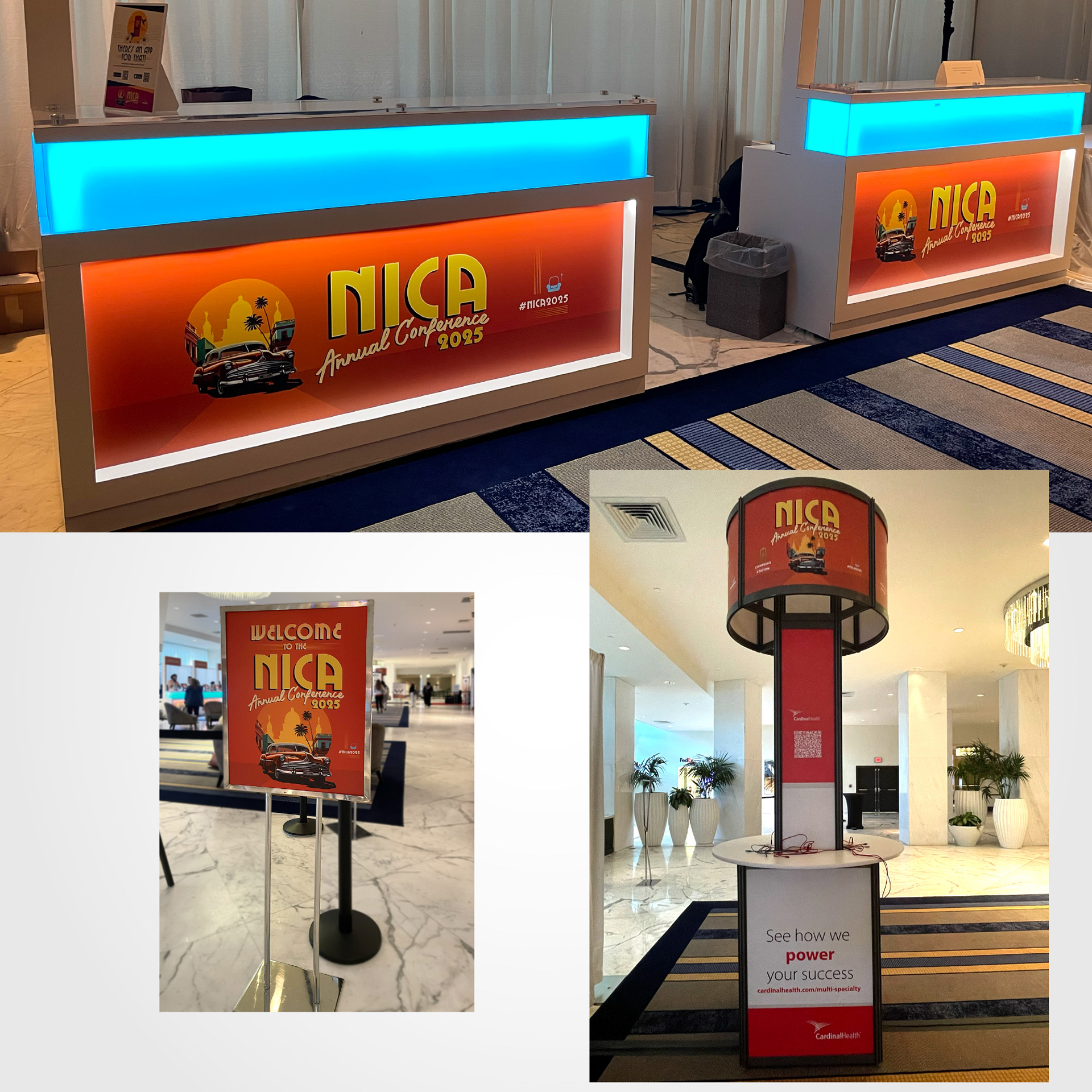 NICA 2025 registration counters, welcome signage, and charging station at Fontainebleau Miami Beach, featuring coordinated Havana Nights graphics.