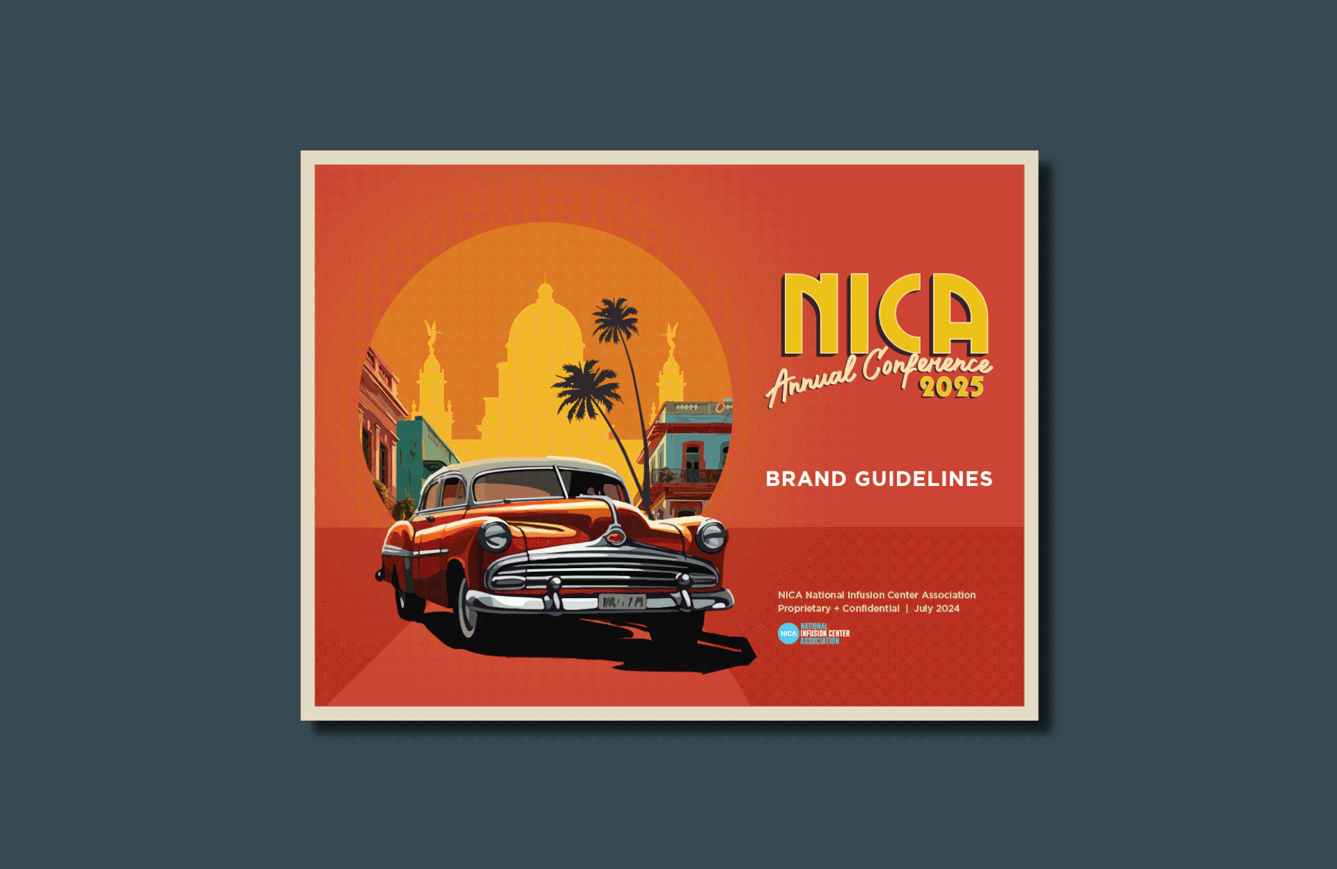Animated NICA 2025 brand guidelines presenting the event logo, color palette, typography, iconography, and examples of correct brand usage.