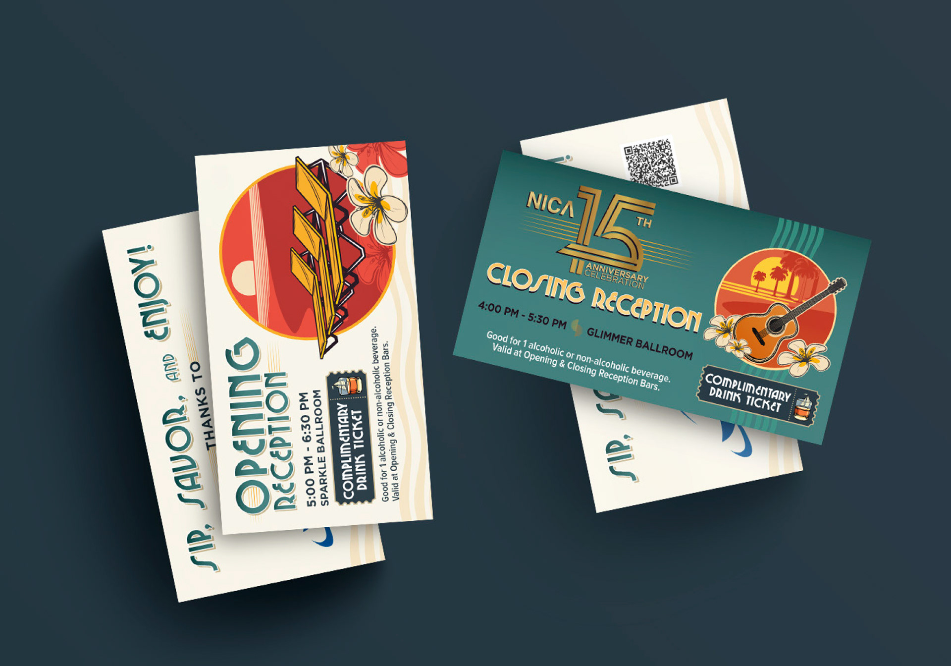 NICA 2025 opening and closing reception drink tickets featuring retro lettering, tropical flowers, architectural motifs, and a guitar illustration.