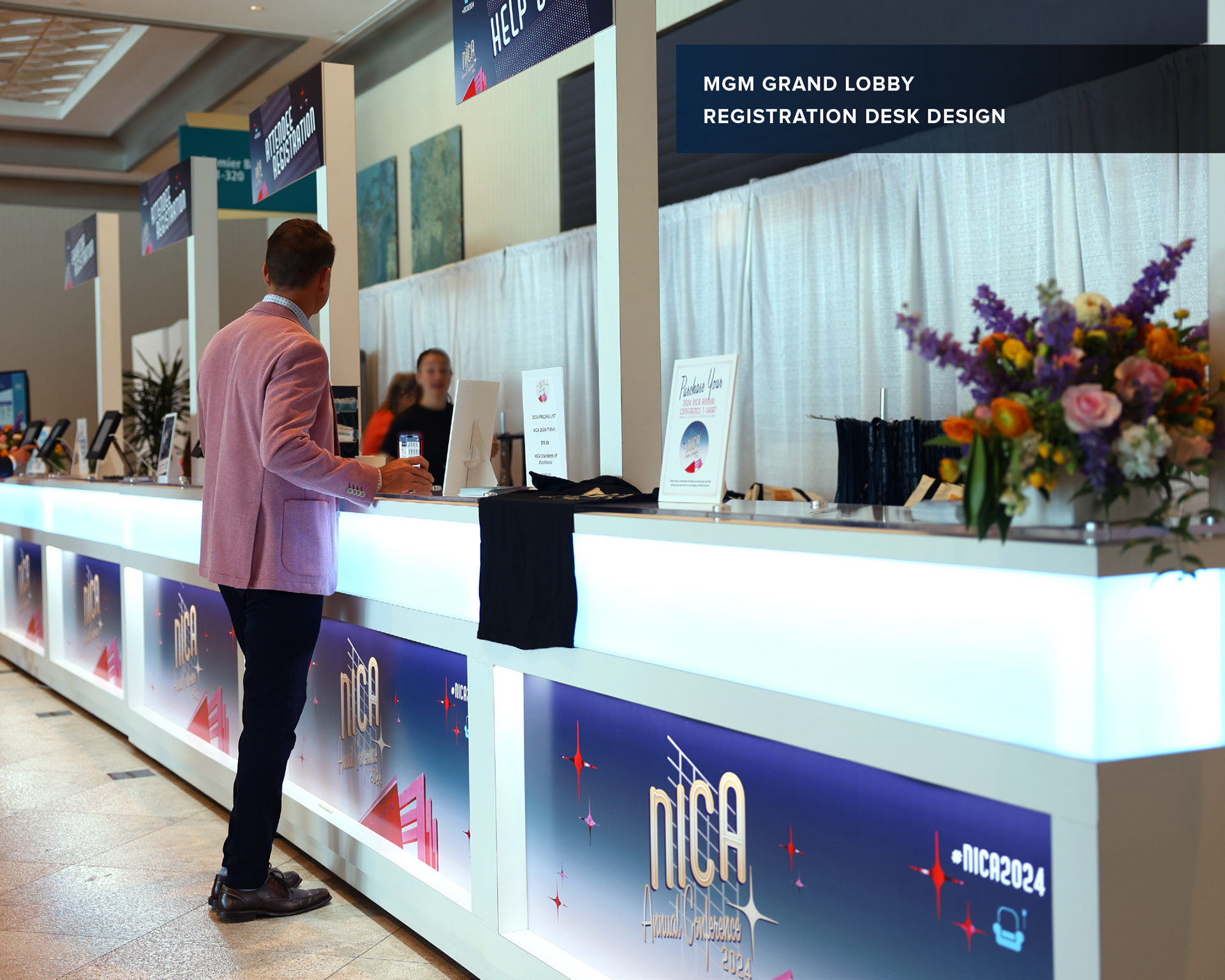Registration area at MGM Grand with Rat Pack-themed signage and conference branding