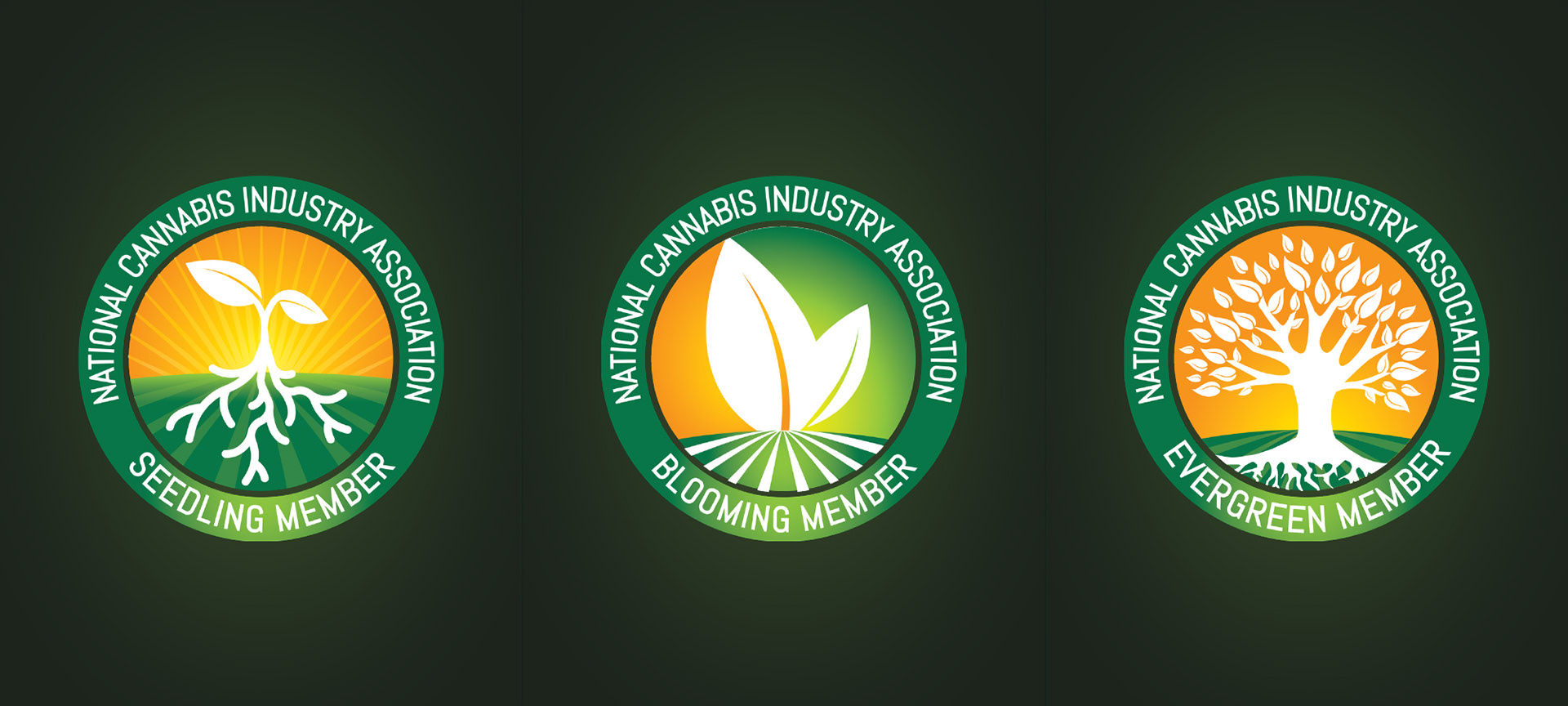 NCIA Seedling, Blooming, and Evergreen membership badges featuring a young plant with roots, leaves, and a mature tree within coordinated green and orange circular designs.