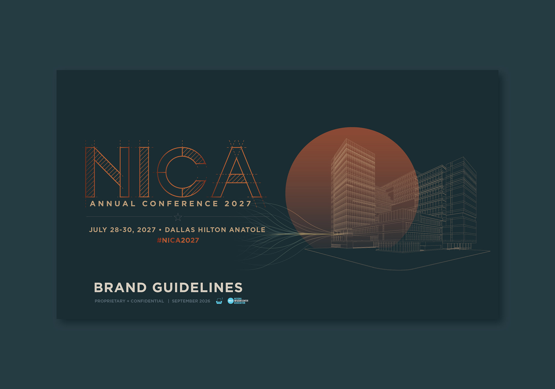 NICA Annual Conference 2027 brand guidelines cover with drafting-inspired lettering and an architectural illustration of the Hilton Anatole in Dallas.
