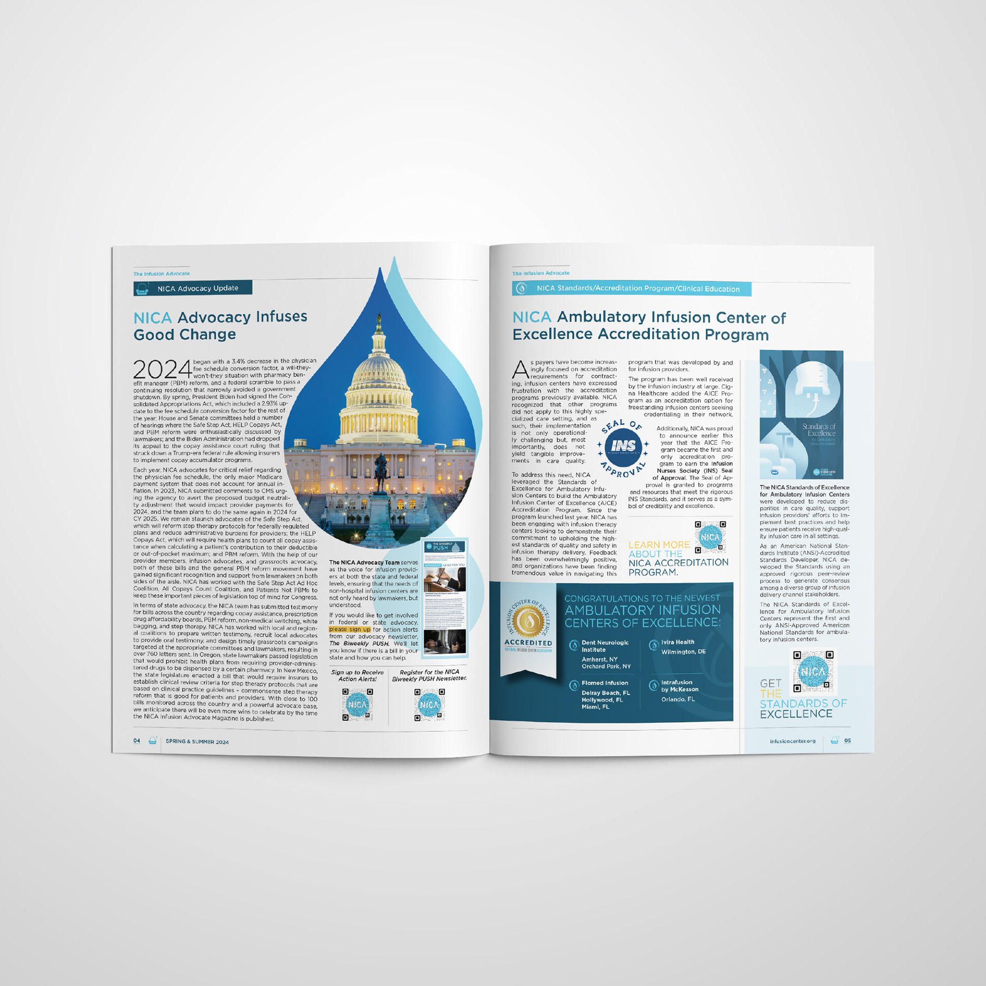 Infusion Advocate editorial spread featuring the U.S. Capitol inside a blue droplet, alongside article columns, photographs, and blue and yellow callouts.
