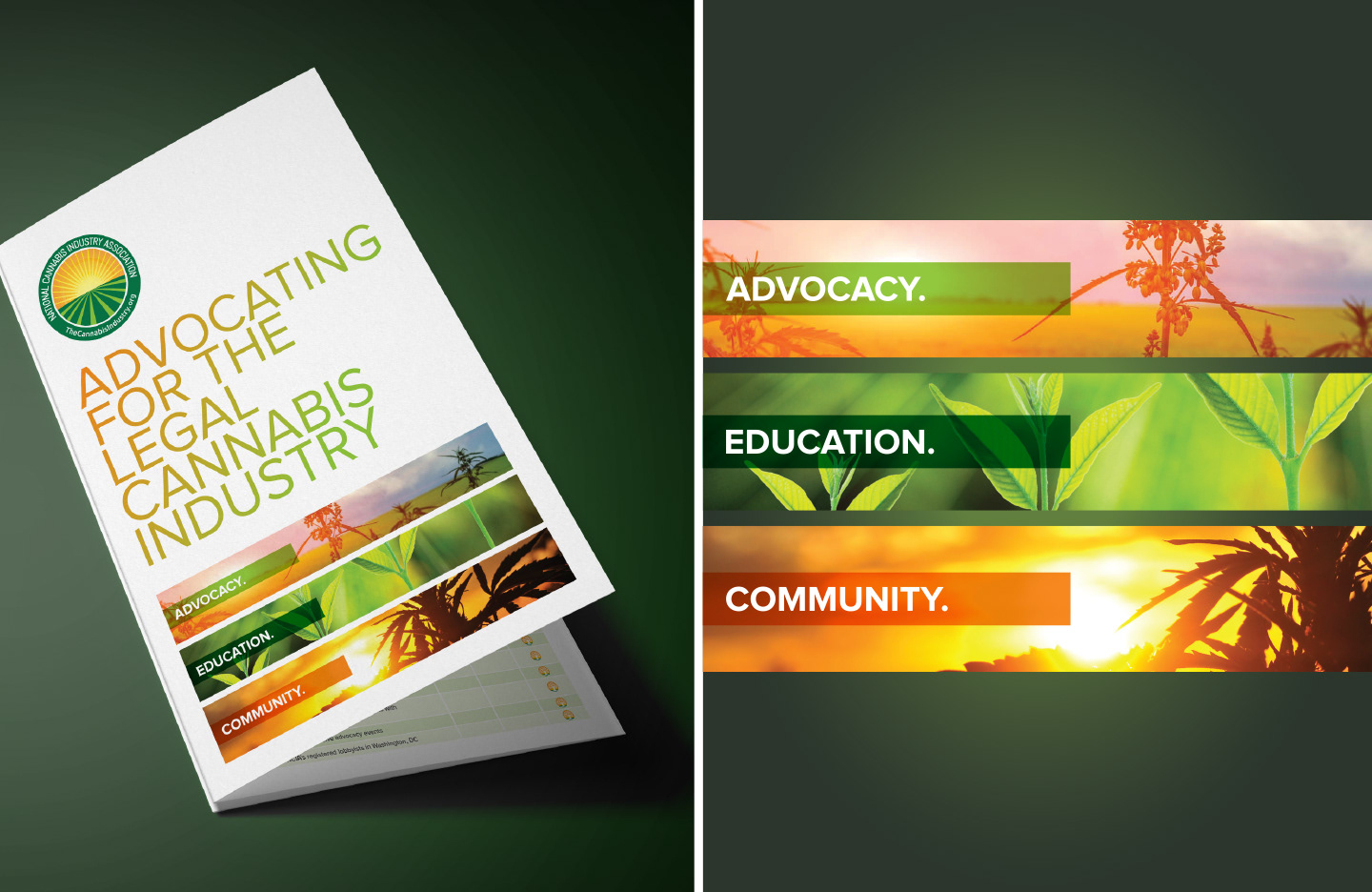 NCIA membership brochure cover with the headline “Advocating for the Legal Cannabis Industry,” alongside enlarged photographic graphics highlighting advocacy, education, and community.