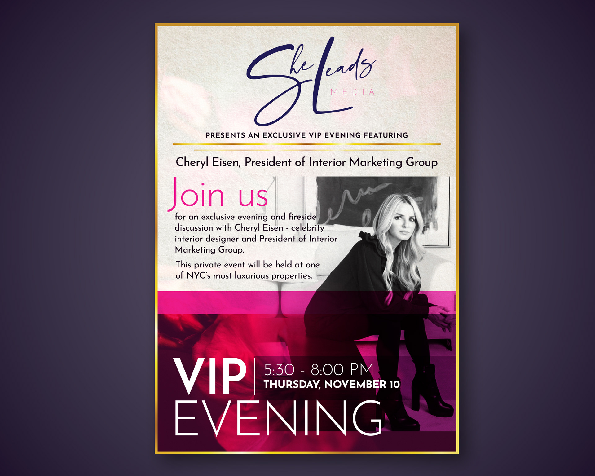 Custom VIP digital invitation for She Leads LIVE 2022 featuring elegant type and clean design, created by LMI+D