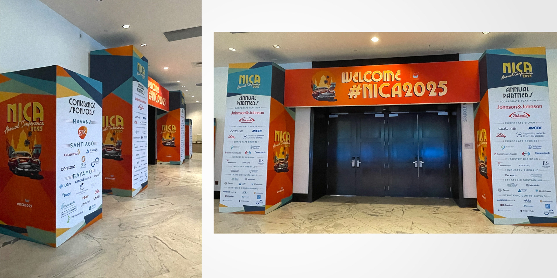 Expo Hall welcome structure with angular Cubism-inspired artwork