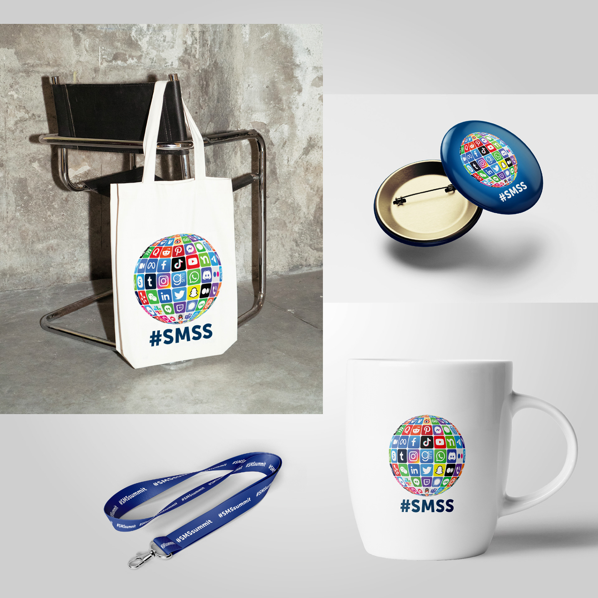 White tote bag, white ceramic mug with SMSS app globe and logo, designed for attendee swag.
