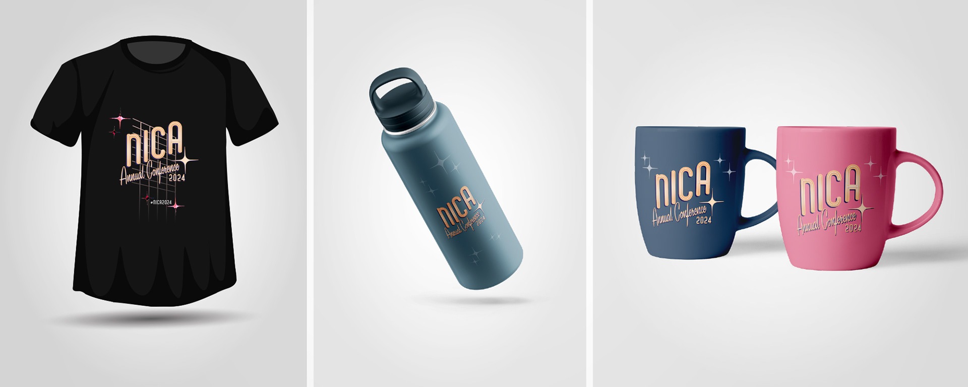 T-Shirts: Custom-designed conference t-shirts with retro-style #NICA2024 branding inspired by 1960s Rat Pack aesthetics.  Coffee Mugs: Branded ceramic coffee mugs featuring the #NICA2024 logo and mid-century modern graphic elements.  Tumblers: Stainless steel tumblers with printed Rat Pack-themed #NICA2024 branding, created as commemorative merchandise for event attendees.