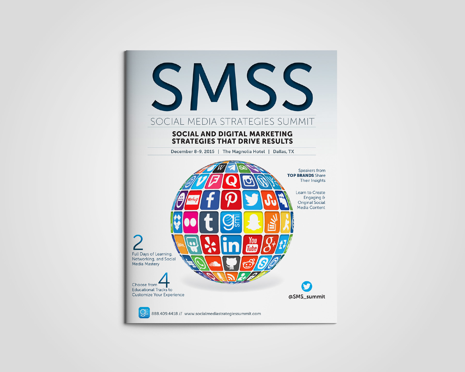 Social Media Strategies Summit printed brochure with bold branding and icon globe on cover.